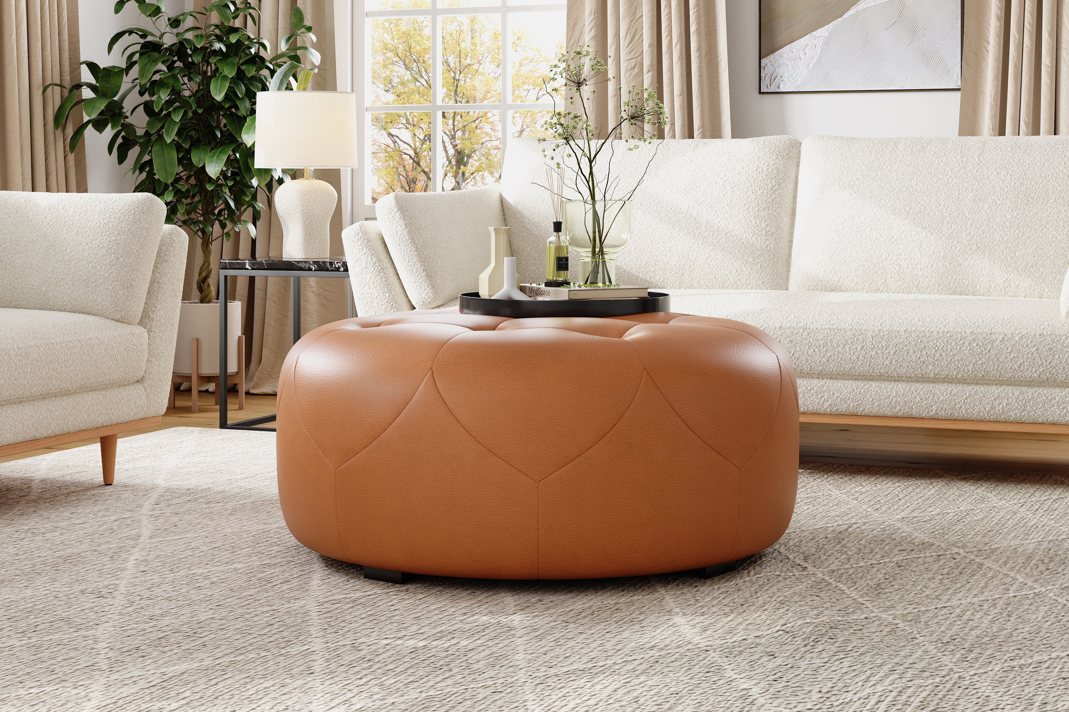 Brandy Round Full Leather Ottoman - Image 4